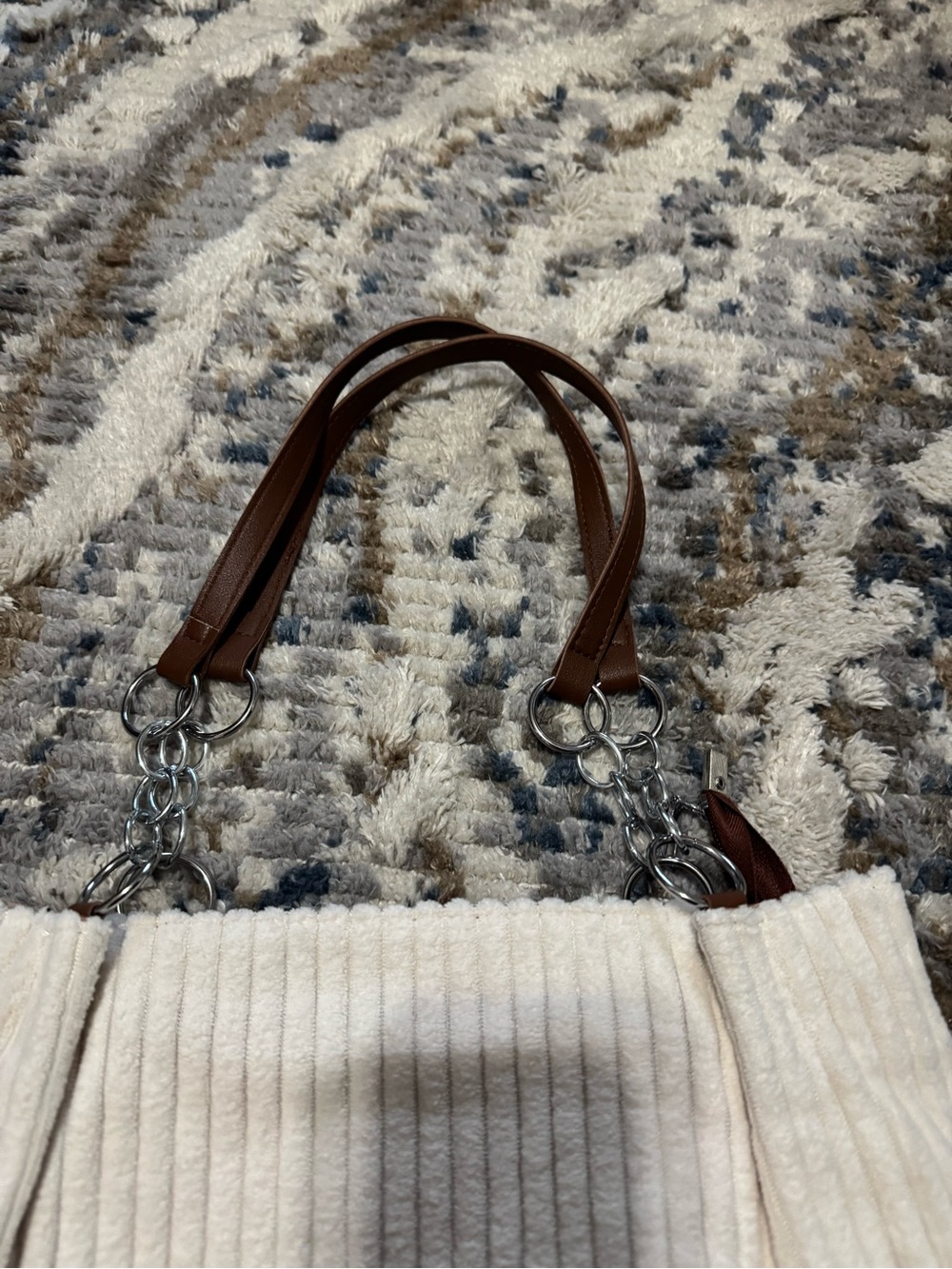 ✅🩷 $5 items for $25 Minimum. Cream Ribbed Shoulder Bag with Brown Handles - Picture 3 of 11